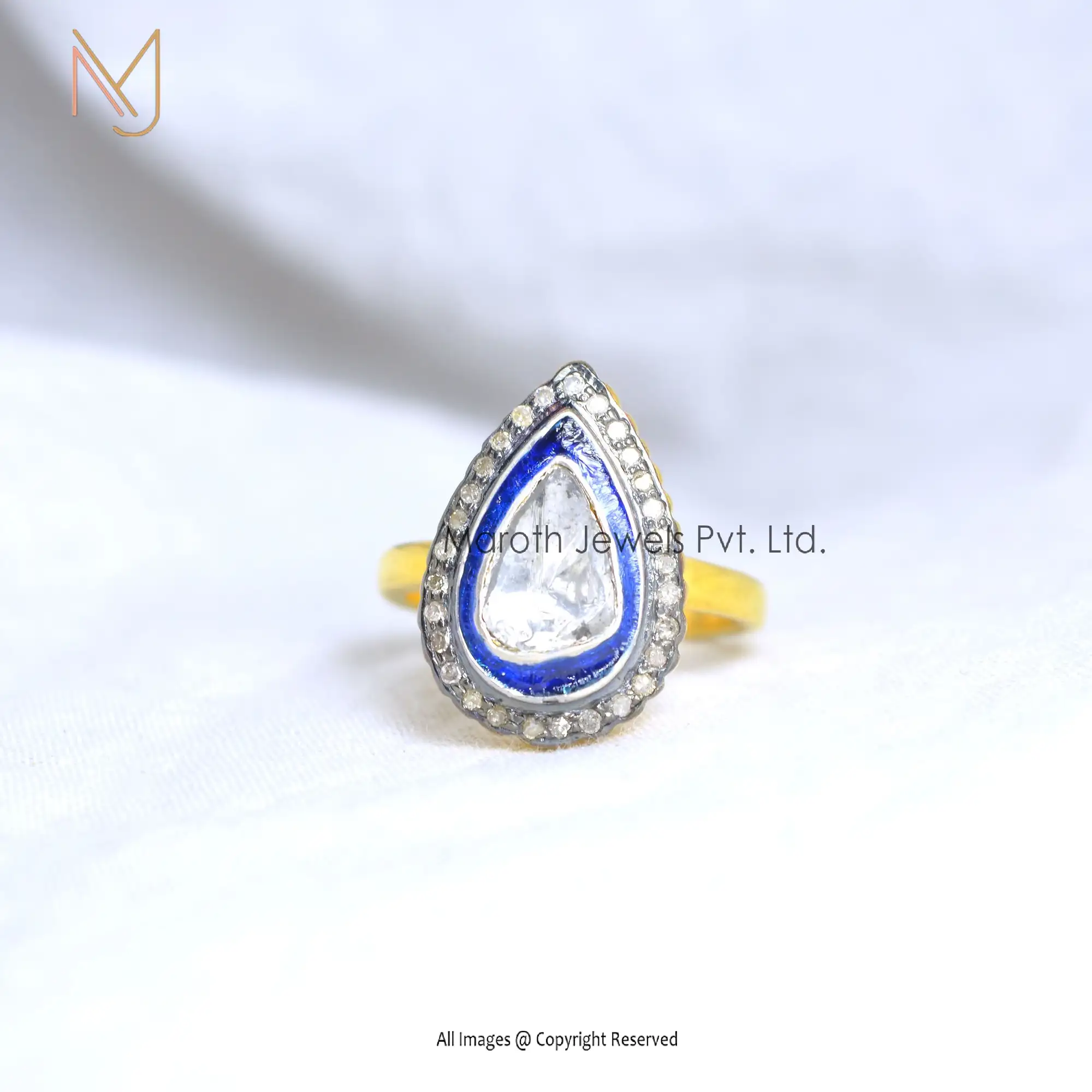 925 Silver Rose Cut Diamond Party Wear Blue Enamel Ring Victorian Jewelry Manufacturer
