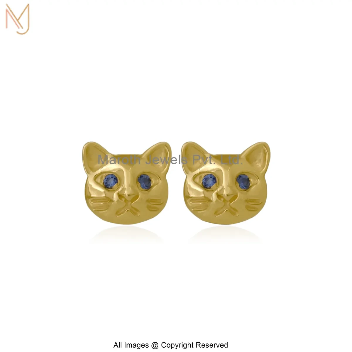 14K Yellow Gold Diamond Blue Sapphire Gemstone Cute Cat Face Stud Earring Manufacturer