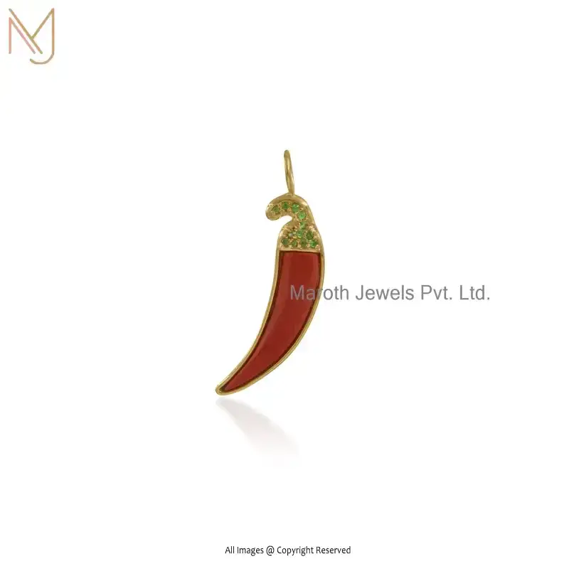 925 Sterling Silver Yellow Gold Plated Red Coral Chili Horn Pendant Custom Jewelry