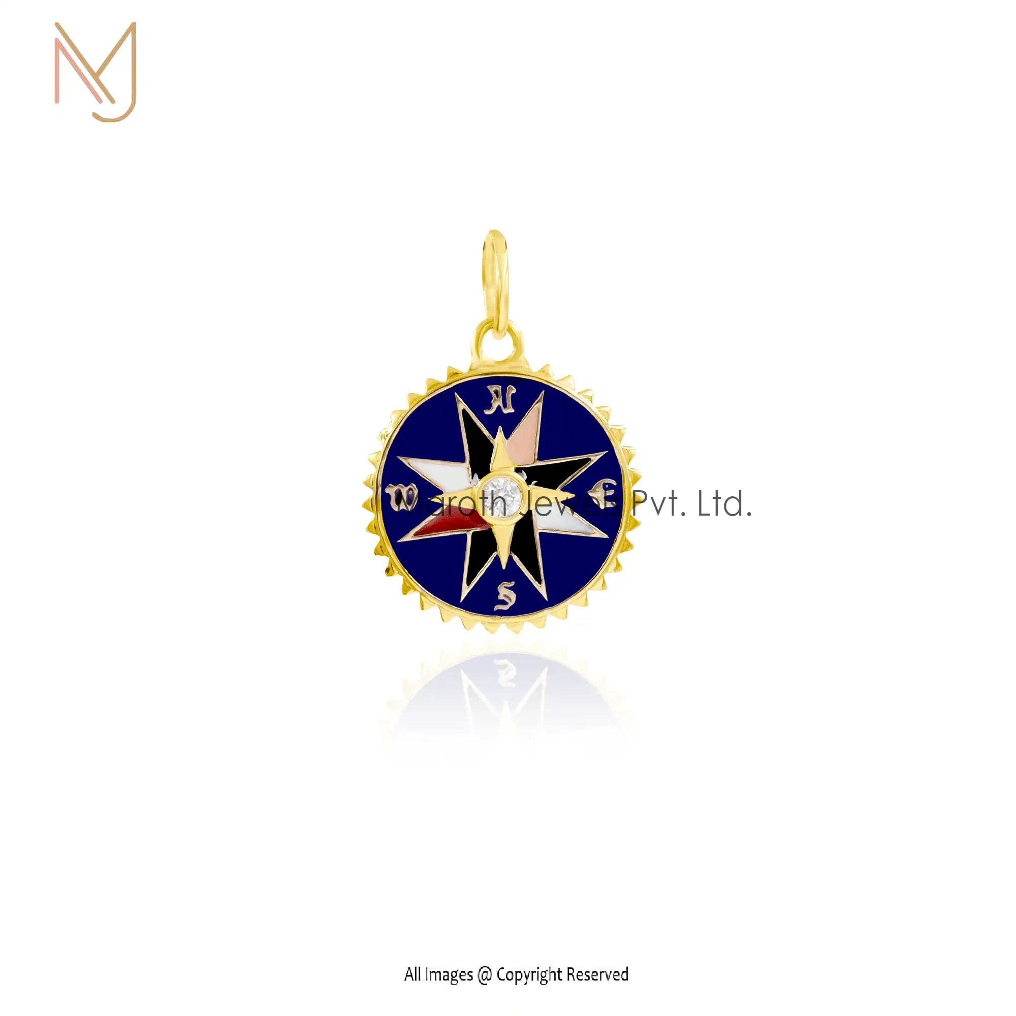 14K Yellow Gold Diamond Blue Enamel Compass Pendant  Custom jewelry
