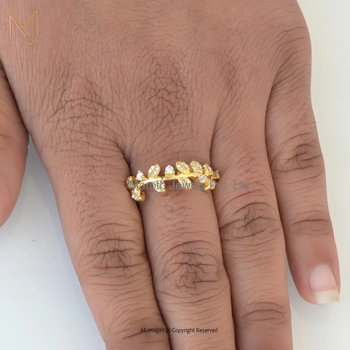 925 Sterling Silver Yellow Gold Plated White CZ Olive Leaf Ring Manufacturer
