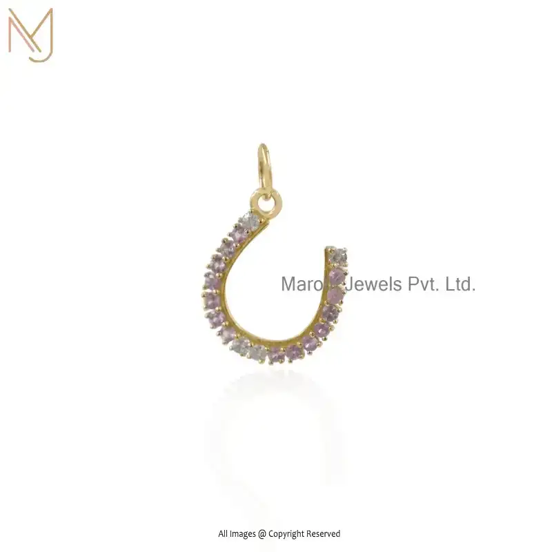 Private Lable 925 Sterling Silver Yellow Gold Plated Diamond Pink Sapphier Horseshoe Charm Pendant
