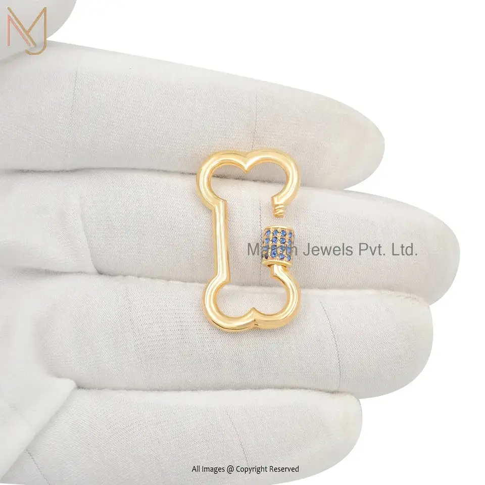 Private Lable 14K Yellow Gold Blue Cubic Zircon Dog Bone Carabiner Lock