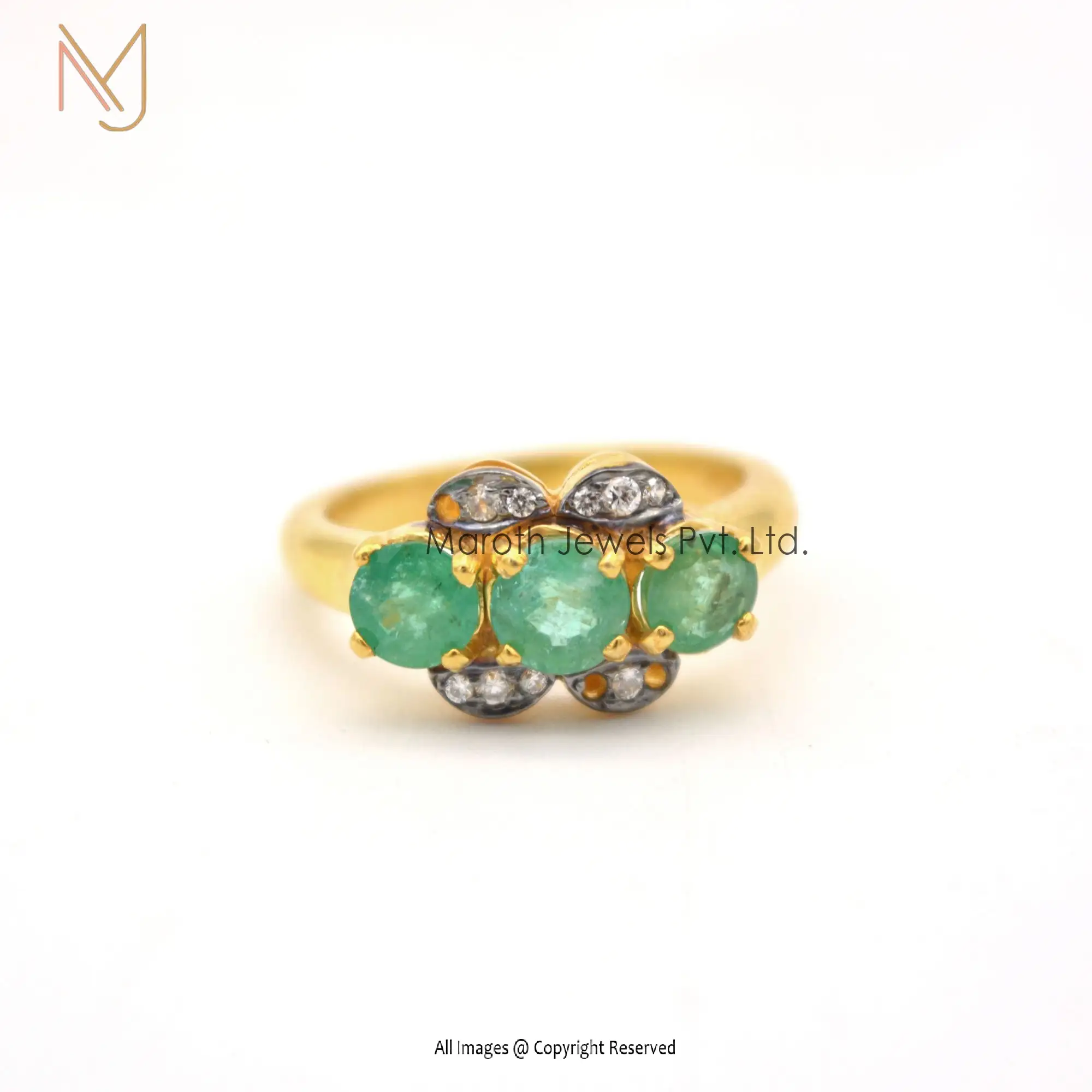 14K Yellow Gold Rhodium Plated Pave Diamond Emerald Gemstone Ring Jewelry Manufacturer