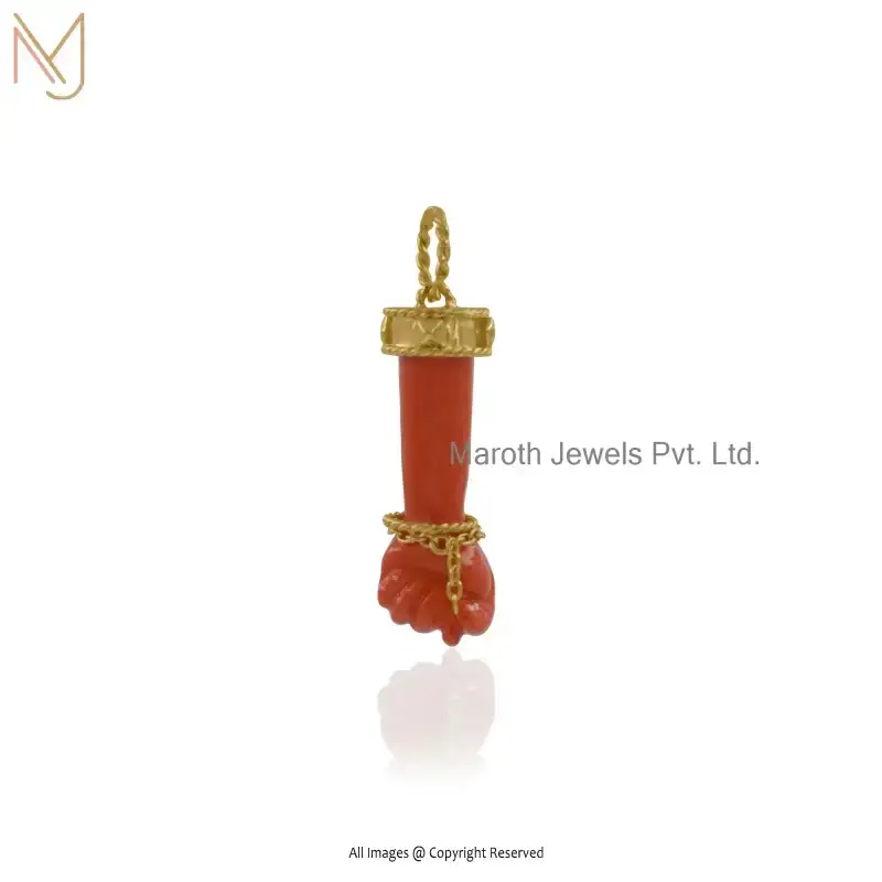 925 Slver Yellow Gold Plated Coral Figa Hand Pendant Jewelry Supplier