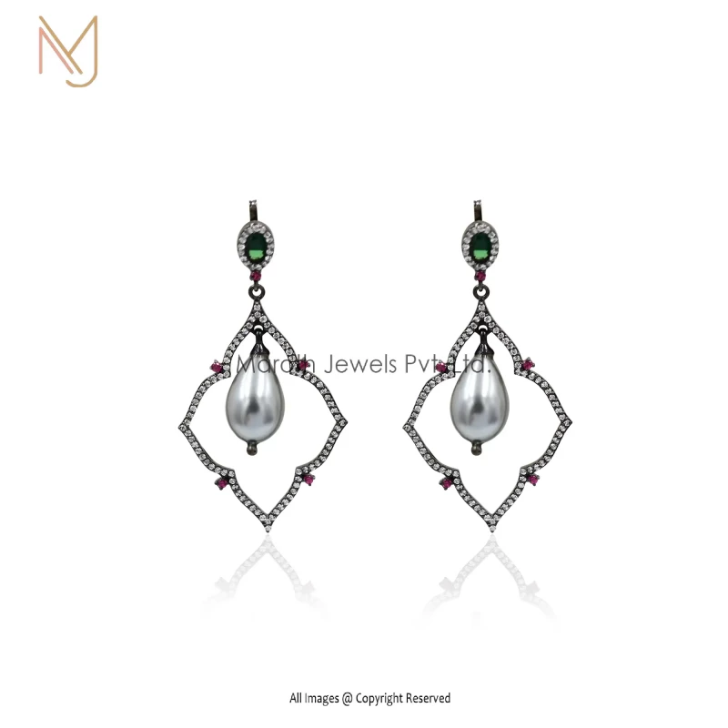 925 Silver Black Rhodium Pave Diamond Pearl And Emerald Ruby Gemstone Earring