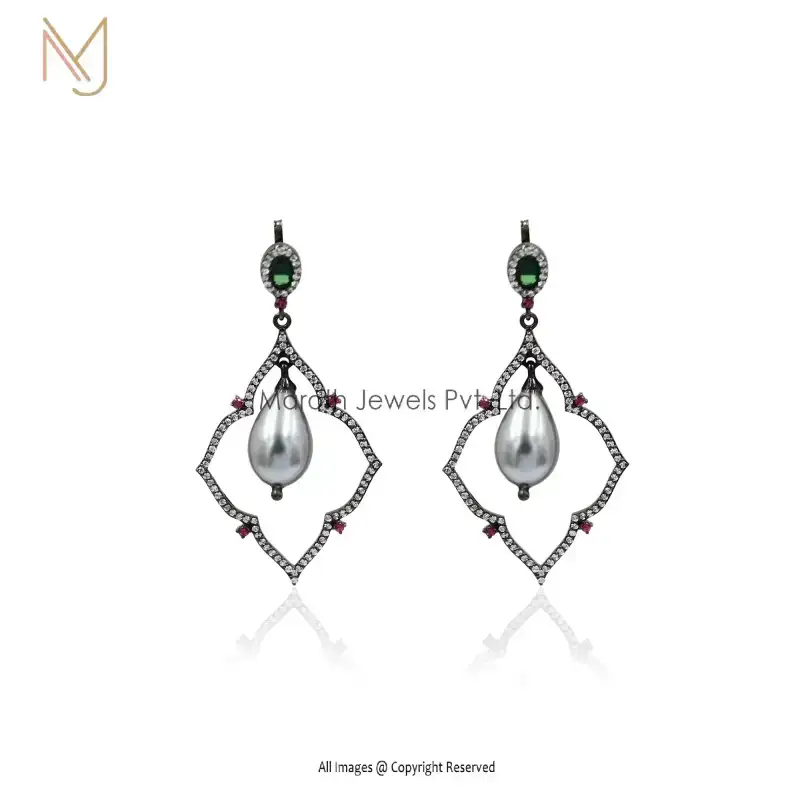 925 Silver Black Rhodium Pave Diamond Pearl And Emerald Ruby Gemstone Earring