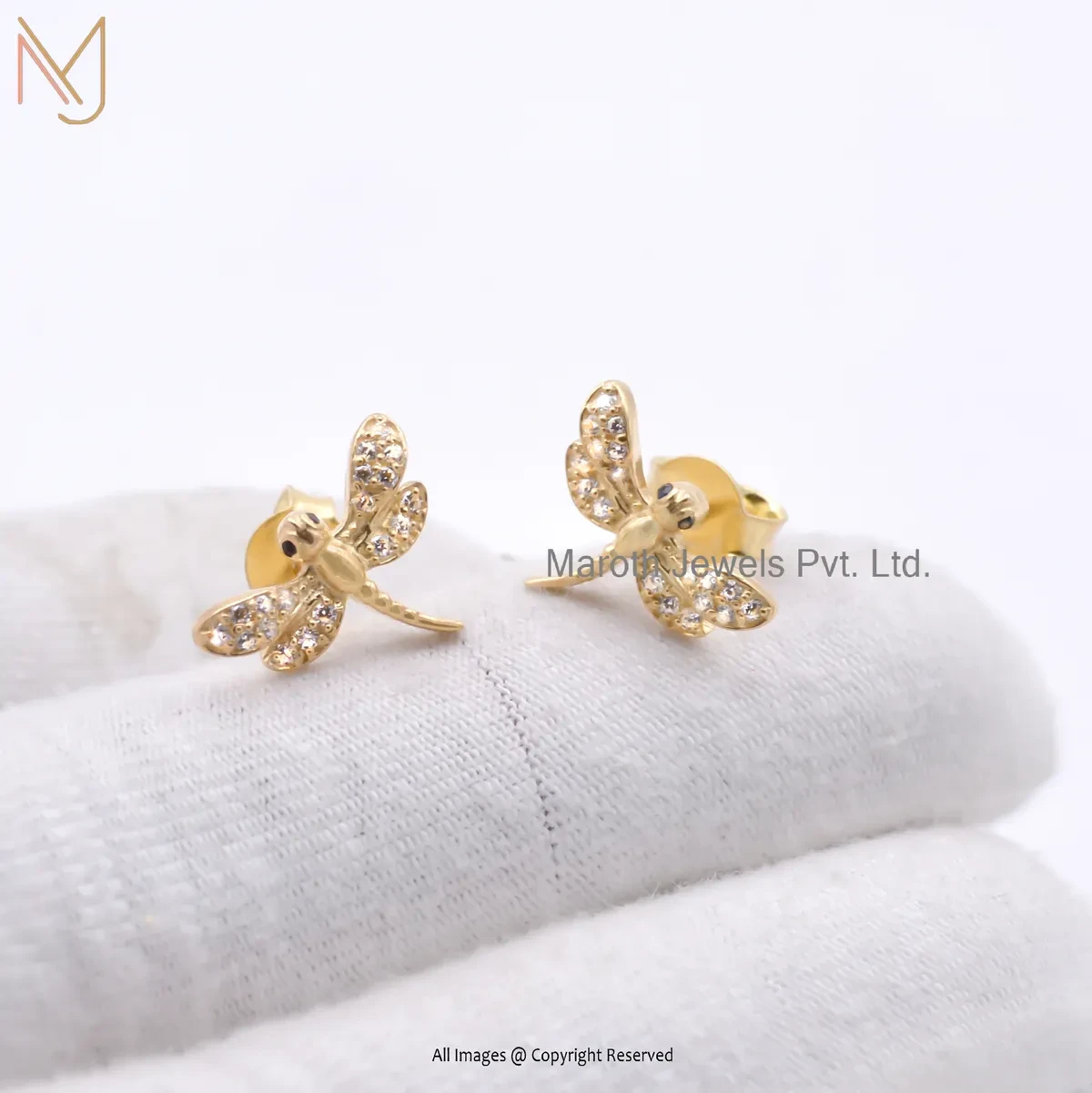 Wholesale 14K Yellow Gold Cubic Zircon & Blue Sapphire Gemstone Dragonfly Stud Earring