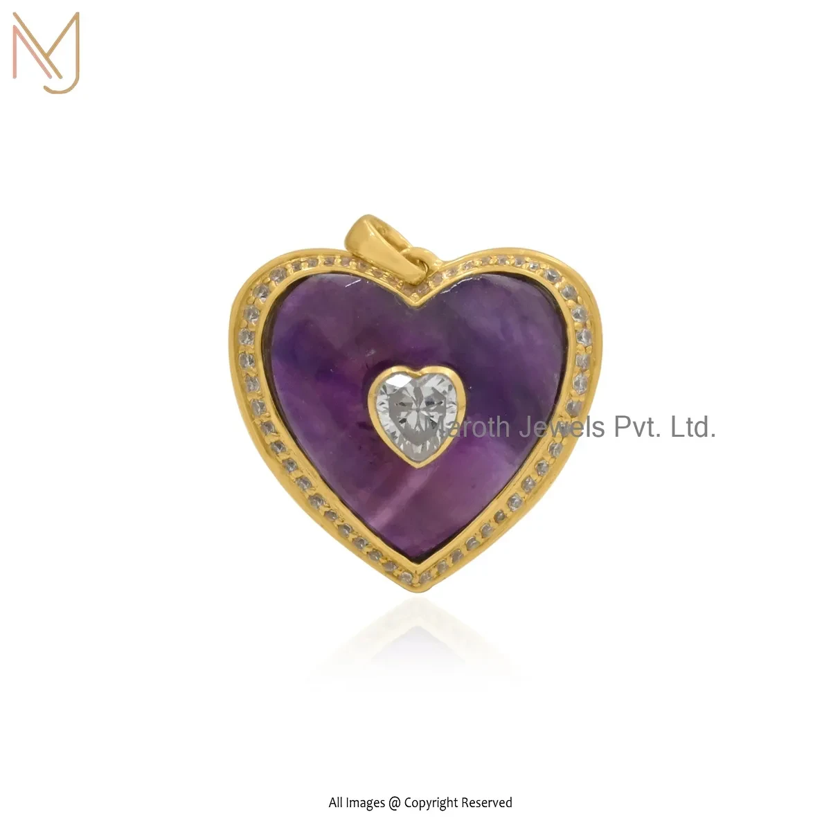 925 Silver Yellow Gold Plated Amethyst & Cubic Zircon Heart Pendant Manufacturer