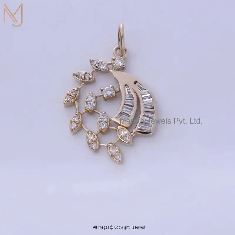 925 Silver Rose Gold Plated Pave Diamond And Baguettes Leaf Pendant USA