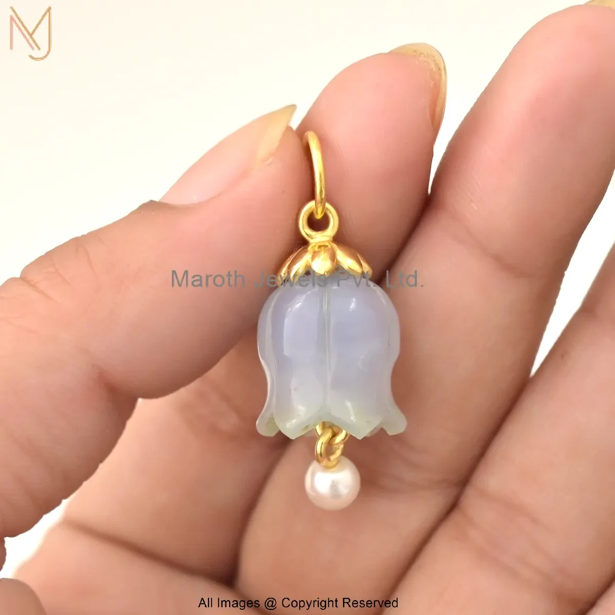 14K Yellow Gold Gemstone “Bell Flower Pendant With Pearl Drop” Manufacturer