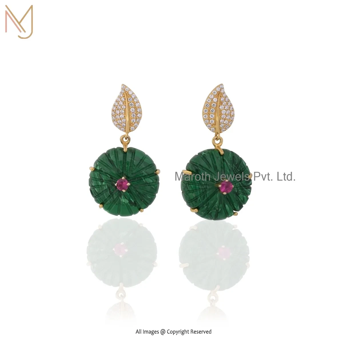 Wholesale 925 Silver Yellow Gold Plated Malachite & Cubic Zircon Flower Earring