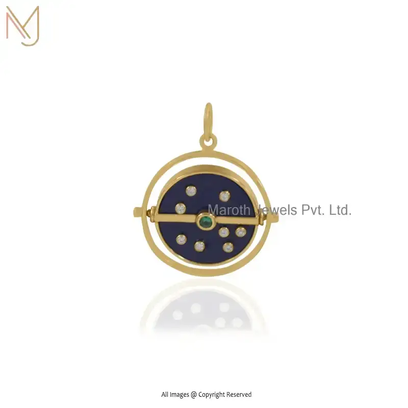 Wholesale 925 Silver Gold Plated Lapiz Lazuli Moissanite Emerald Gemstone Compass Pendant