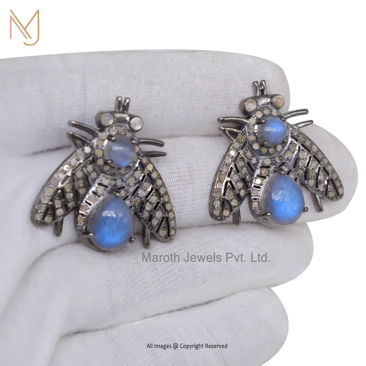 925 Silver Rhodium Plated Diamond Labradorite Bee Honey Stud Earring Custom Jewelry