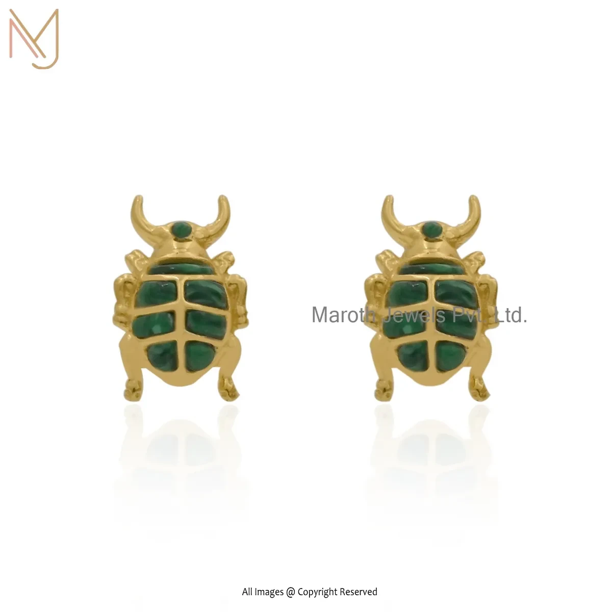 14K Yellow Gold Malachite Scarab Stud Earring Custom Jewelry