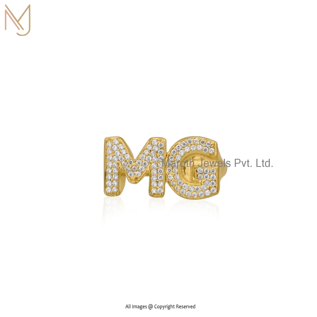 925 Silver Yellow Gold Plated Cubic Zircon Initial Letter Ring Custom Jewelry