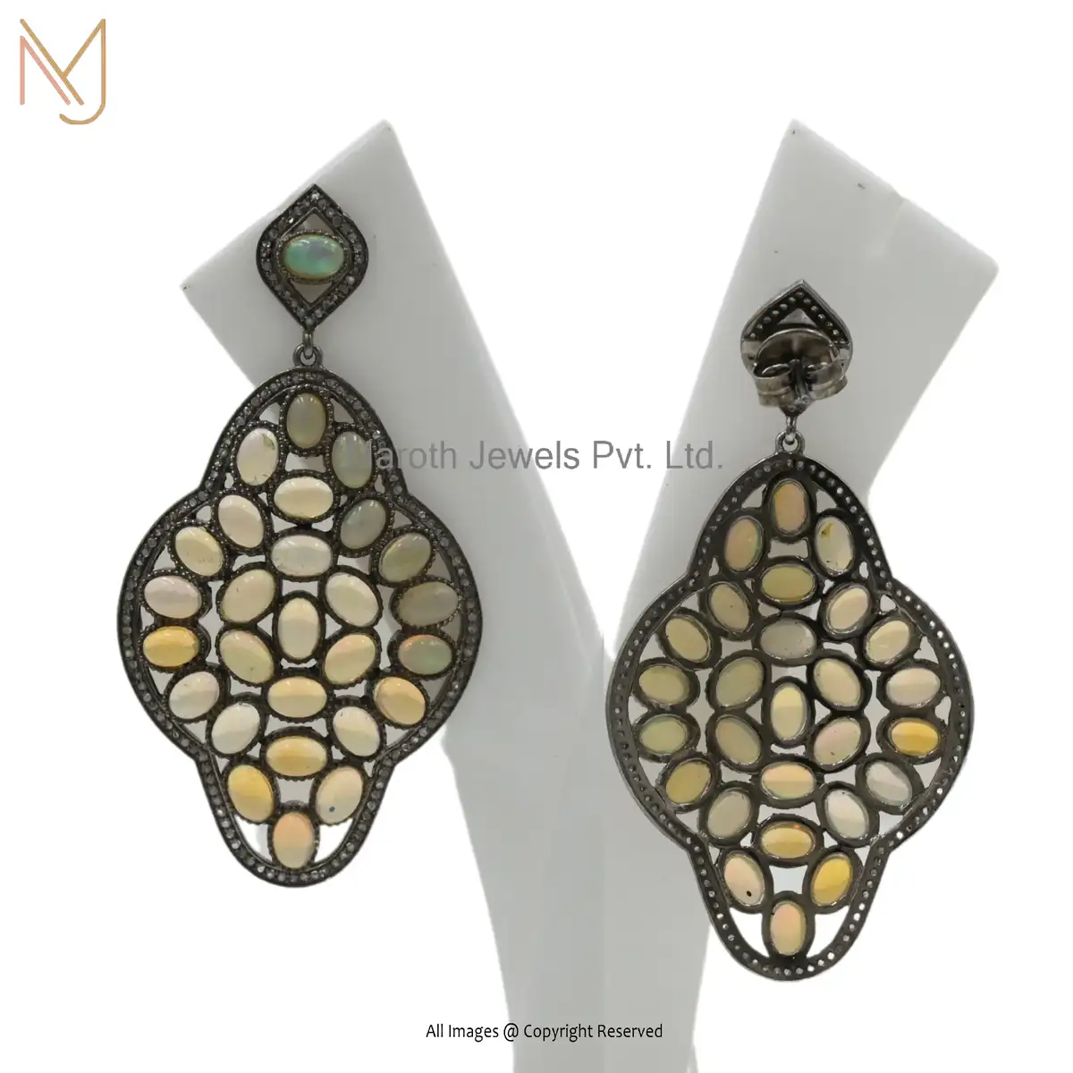 Private Label 925 Silver Rhodium Opal and Diamond Dangle Earring