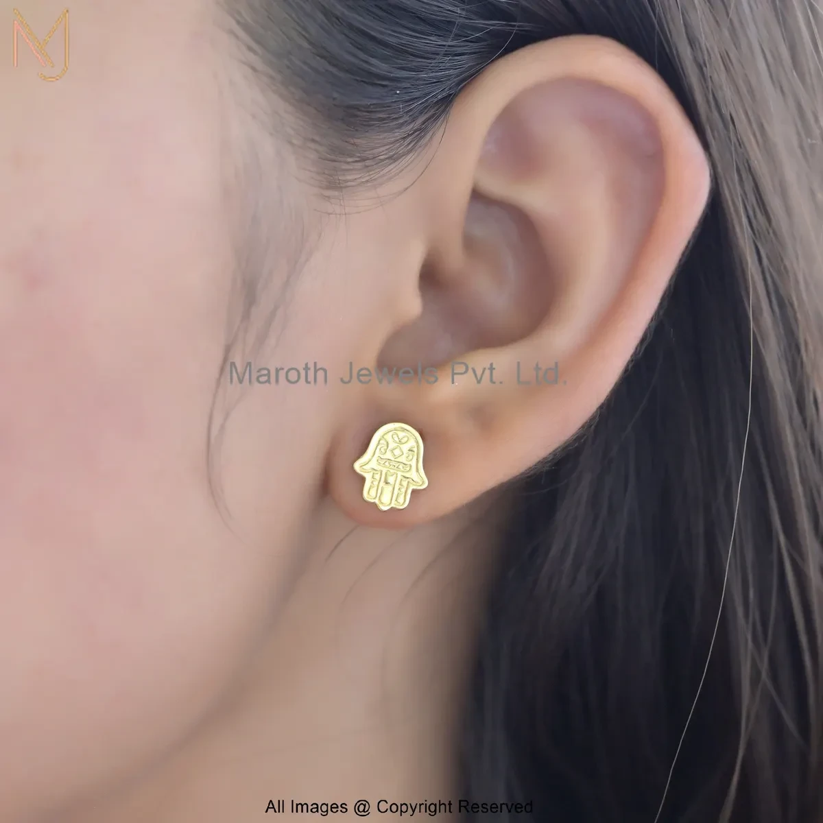 14K Yellow Gold Hamsa Stud Earring Custom Jewelry