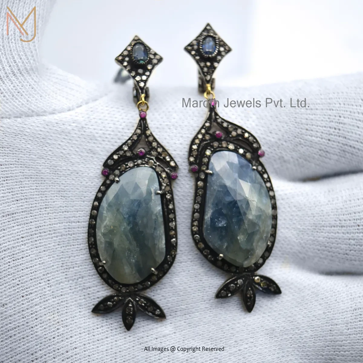 14K White Gold Pave Diamond , Ruby , Blue Sapphire Gemstone Dangle Earring USA