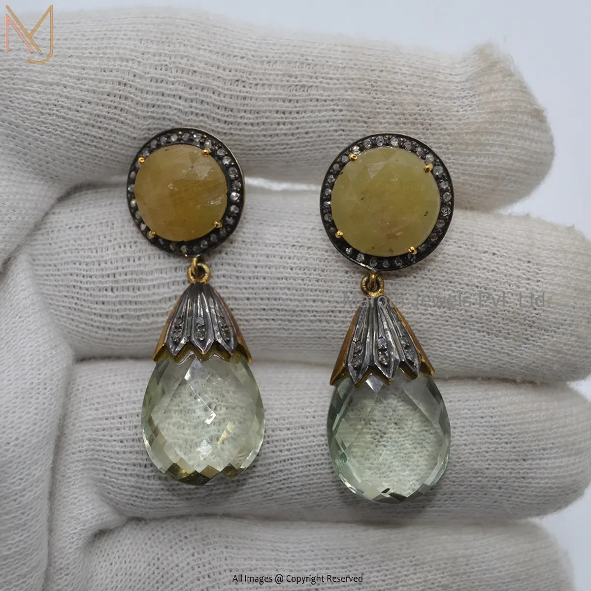 Private Lable 14K Yellow Gold Pave Diamond And Yellow Sapphire Gemstone Dangle Drop Earring