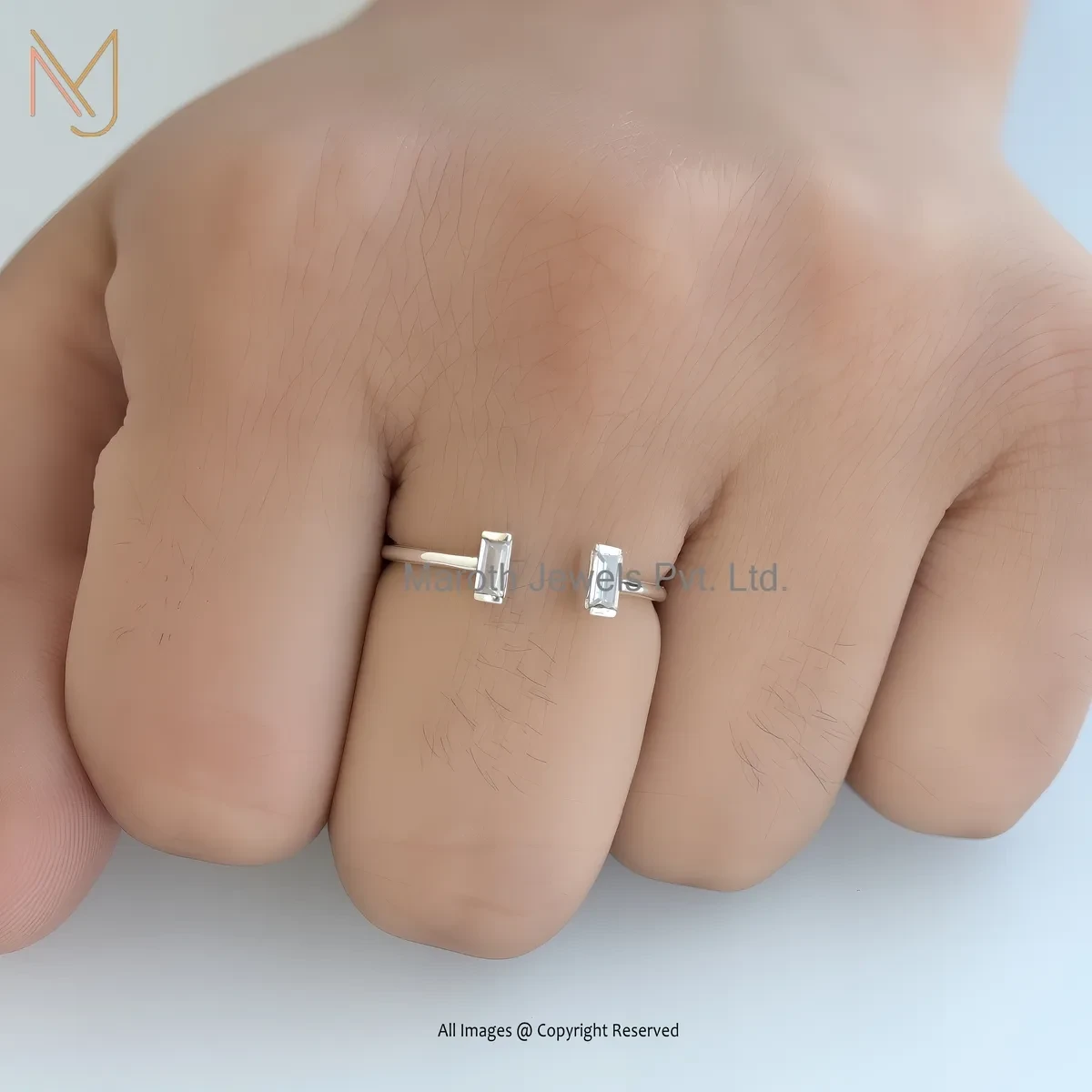 925 Silver Natural Silver Plated White Cubic Zircon Diamond Cuff Baguette Open Ring USA