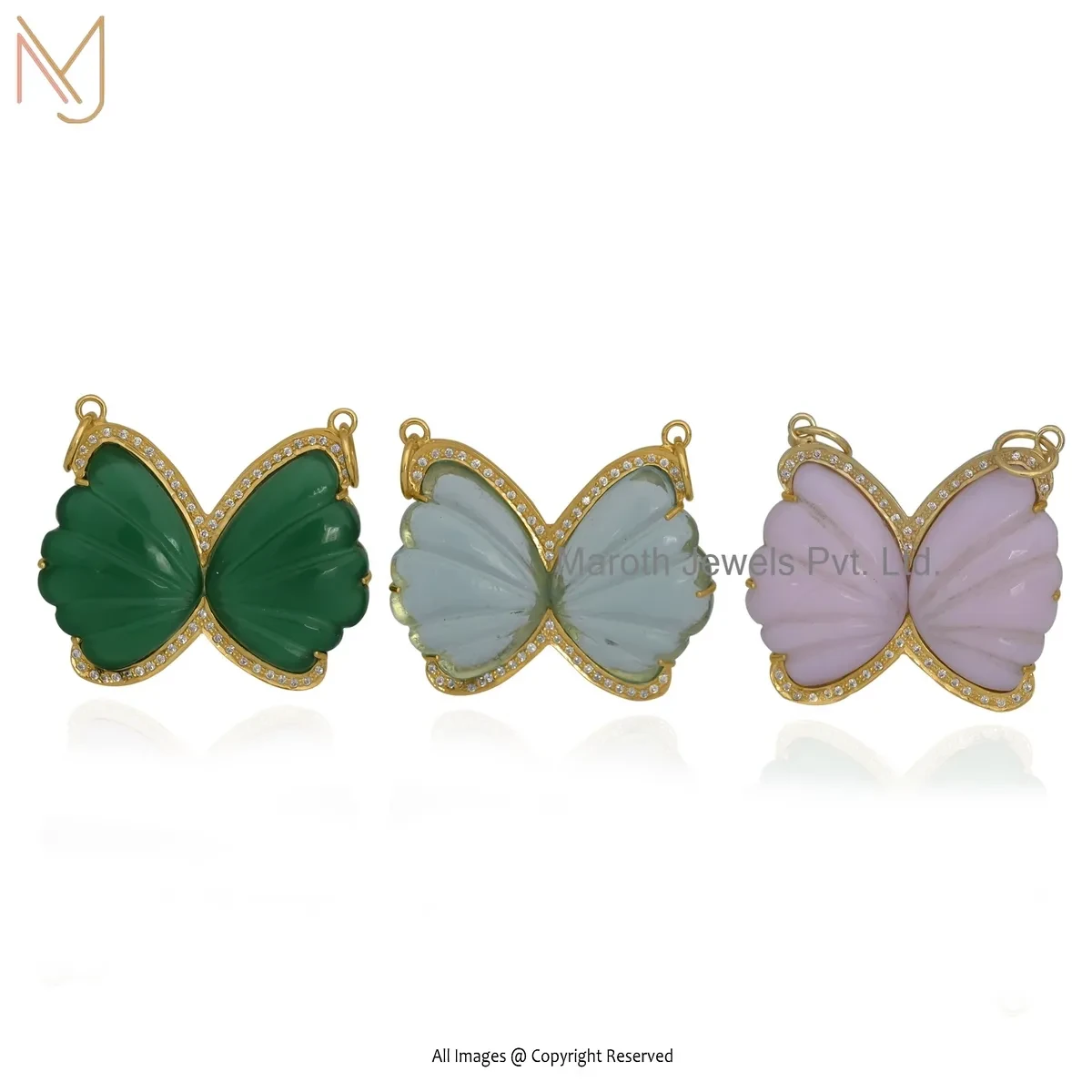 Private Lable 925 Silver Yellow Gold Plated Cubic Zircon & Aquamarine Butterfly Pendant