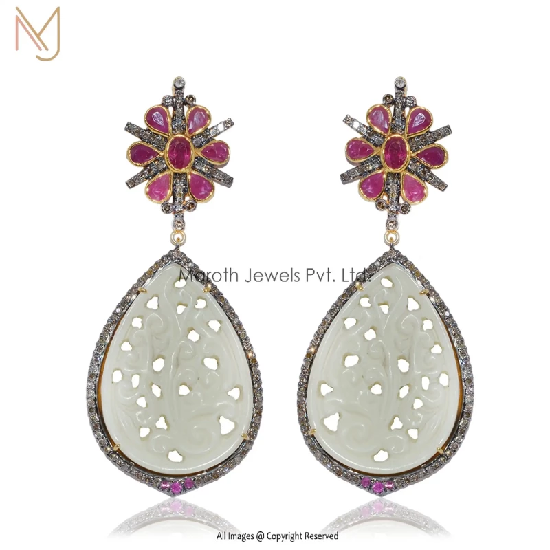 92.5 Silver Rhodium Yellow Gold Plated Pave Diamond Ruby Gemstone Mother Of Pearl Carving Design Earrings