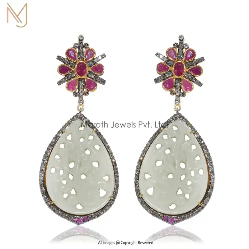 92.5 Silver Rhodium Yellow Gold Plated Pave Diamond Ruby Gemstone Mother Of Pearl Carving Design Earrings Manufacturer