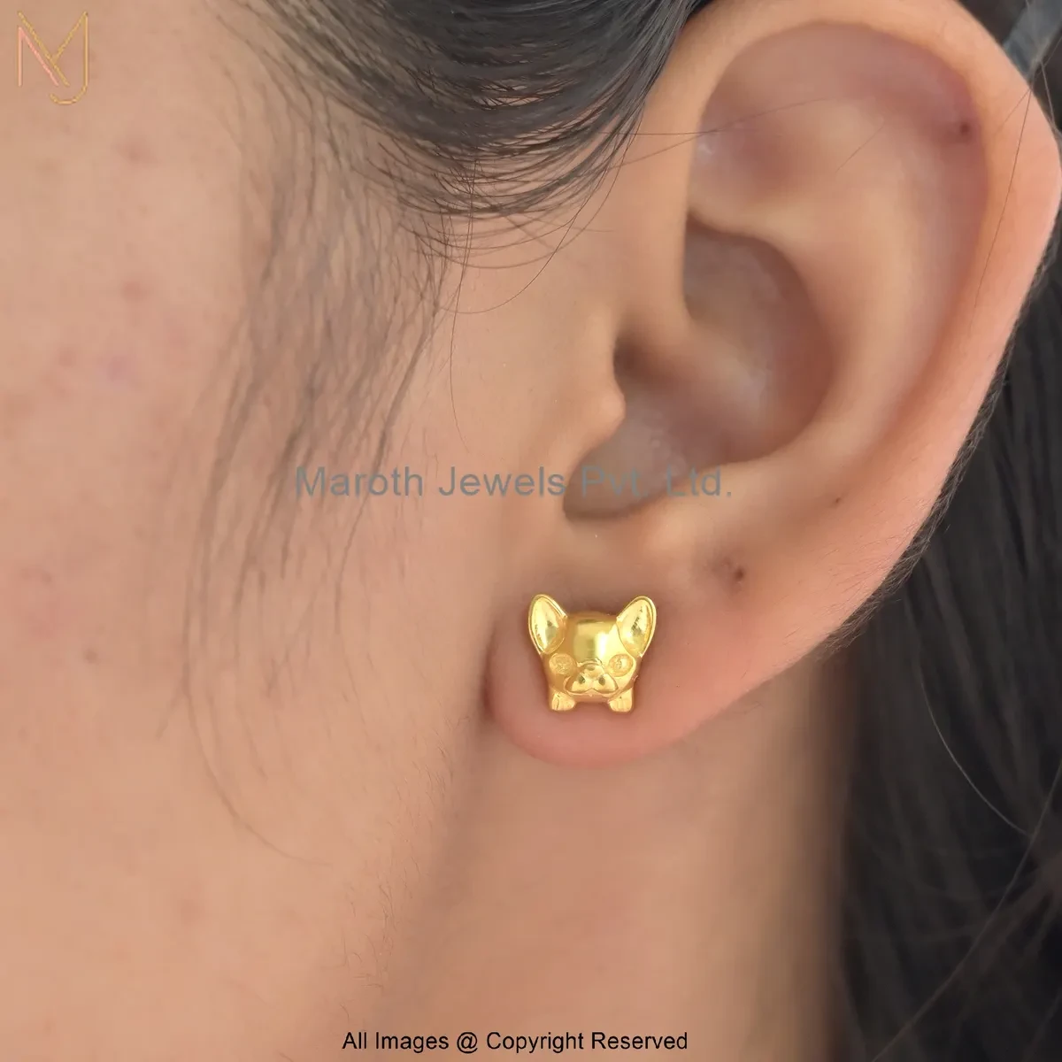 925 Silver Yellow Gold Plated Chihuahua Puppy Face Stud Earrings Custom Jewelry