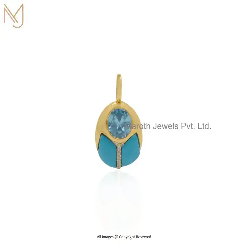 925 Silver Yellow Gold Plated Turquoise OR Blue Topaz Gemstone Love Bug Pendant Jewelry Supplier