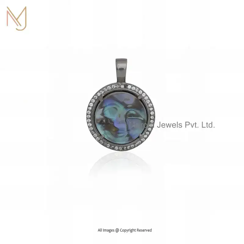 Private Lable 14K Yellow Gold Aqamarine & Cubic Zircon Gemstone Moonface Pendant