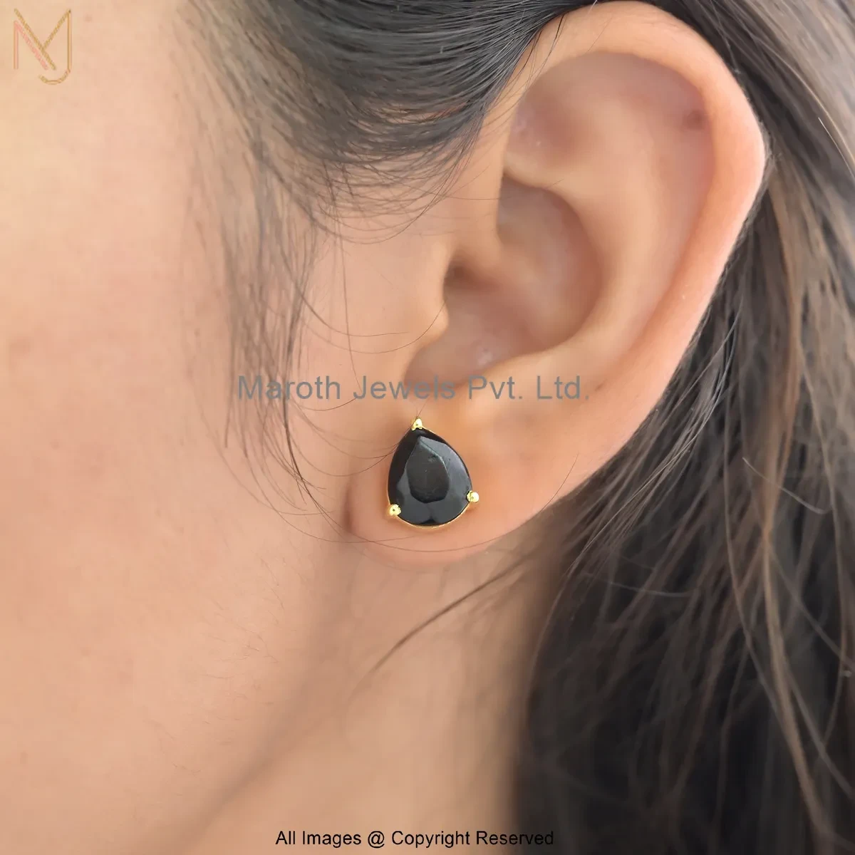 14K Yellow Gold Black Onyx Gemstone Pear-Shape Stud Earrings Custom Jewelry