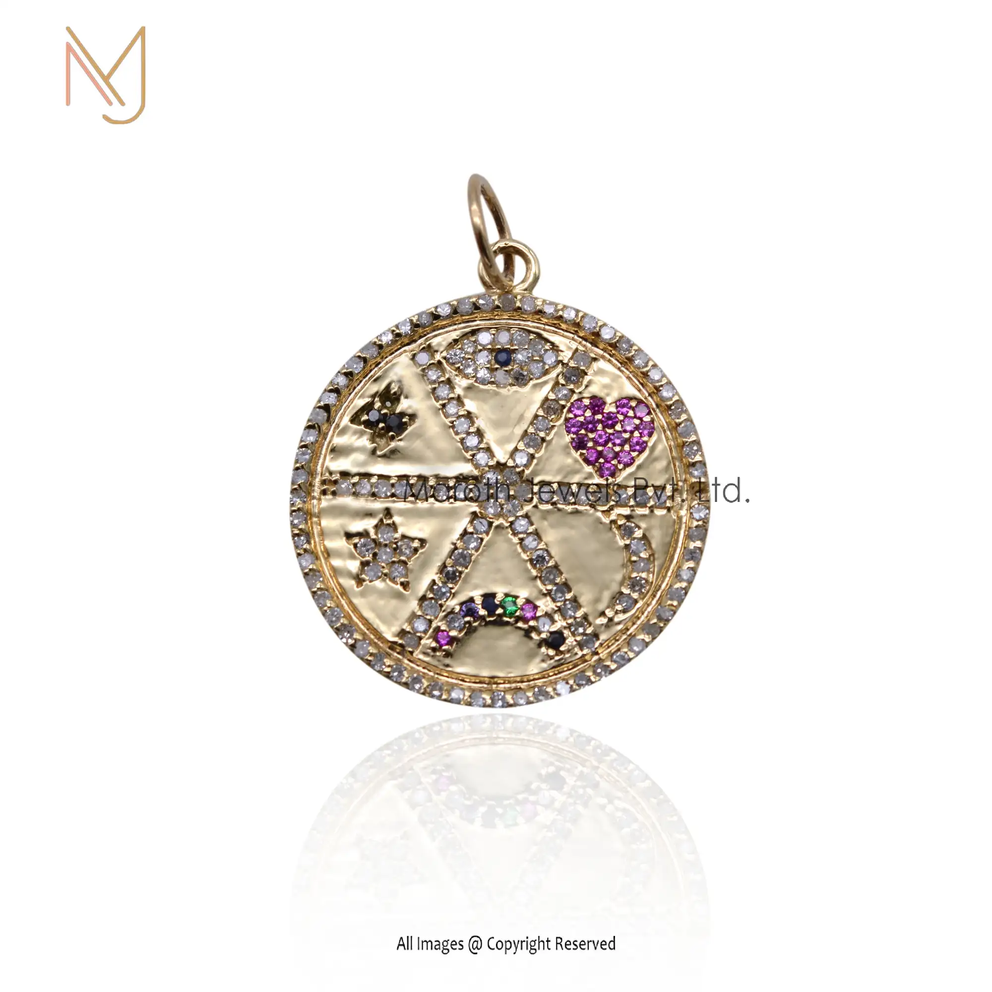 14K Solid Yellow Gold Pave Diamond And Multi Gemstone Pendant Menufacturer