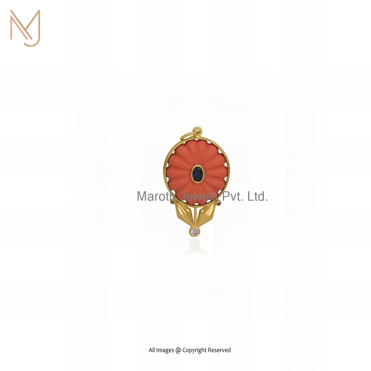 Wholesale 14K Yellow Gold Cubic Zircon & Orange Coral Gemstone Flower Pendant