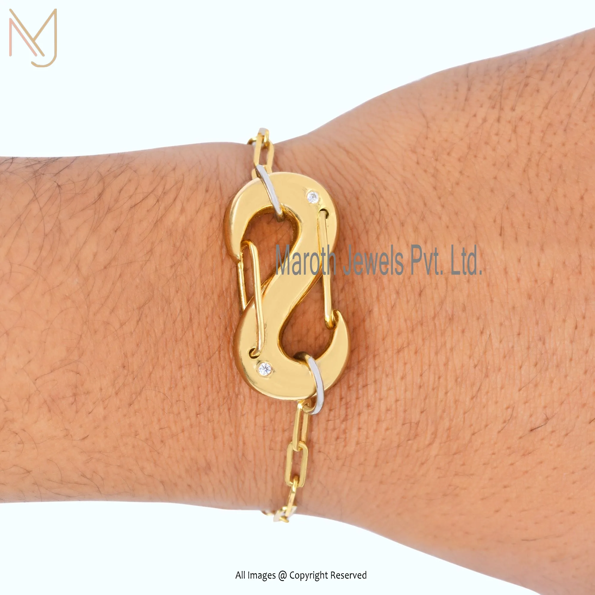 14k Yellow Gold Diamond  S Hook Lock Cable Chain Bracelet USA