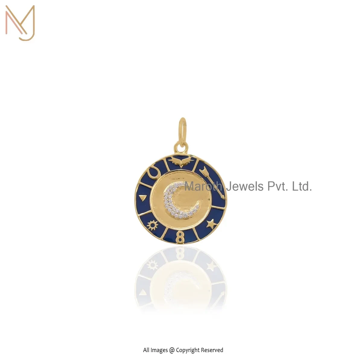 925 Silver Yellow Gold Plated Cubic Zircon & Enamel Gemstone Crescent Disc Pendant Jewelry Supplier
