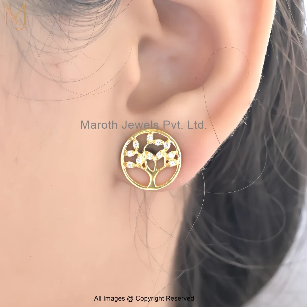 14K Yellow Gold Cubic Zircon Diamond Tree Of Life Stud Earring Custom Jewelry
