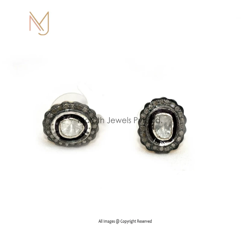 925 Silver Pave Diamond & Rose Cut Diamond Flower Studs Earrings Manufacturer