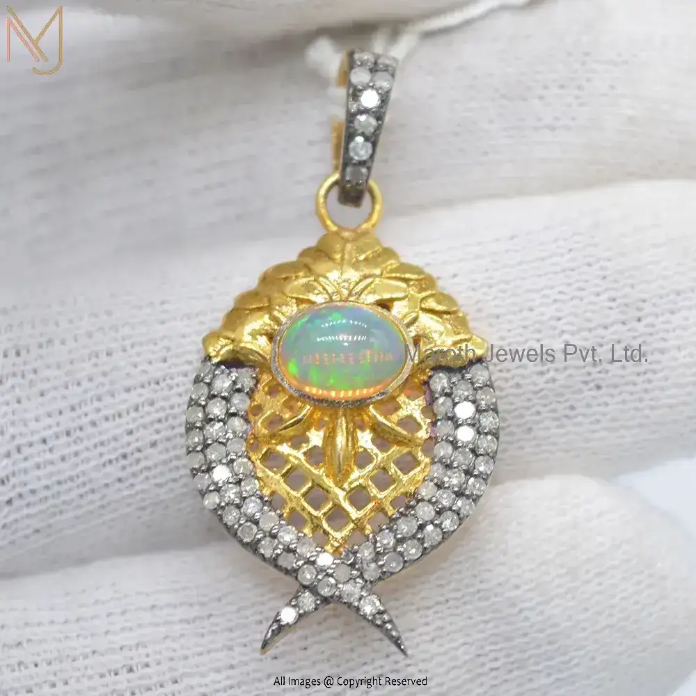 Private Lable 14K Yellow Gold Diamond Opal Gemstone Fish Shape Pendant Jewelry