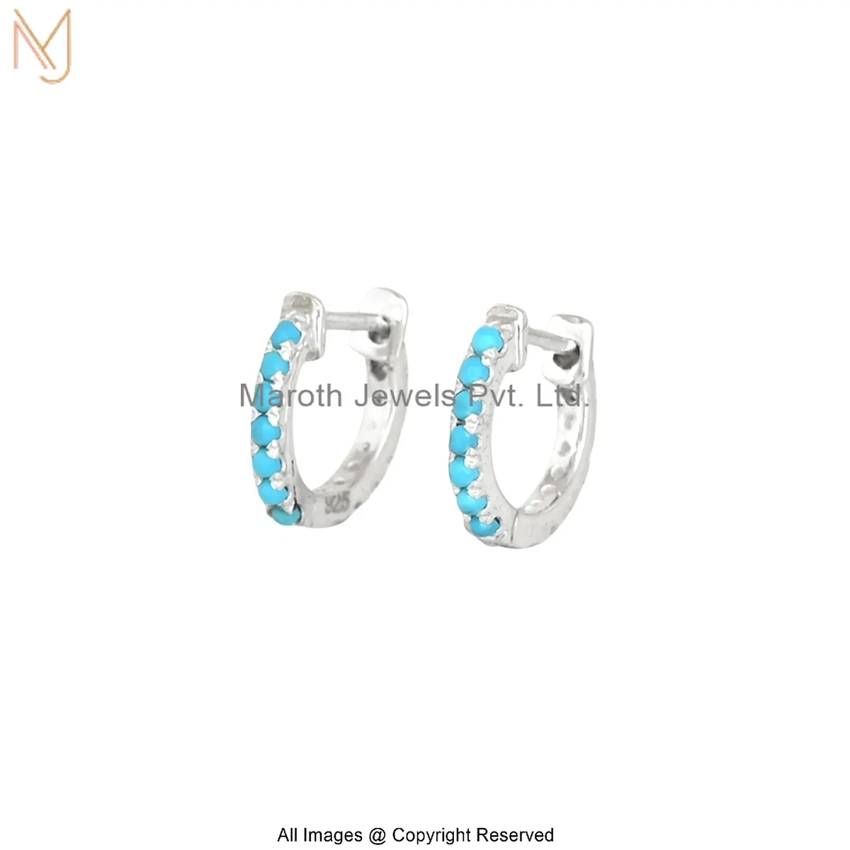 14K White Gold Turquoise Hoop Huggies Earring Custom Jewelry