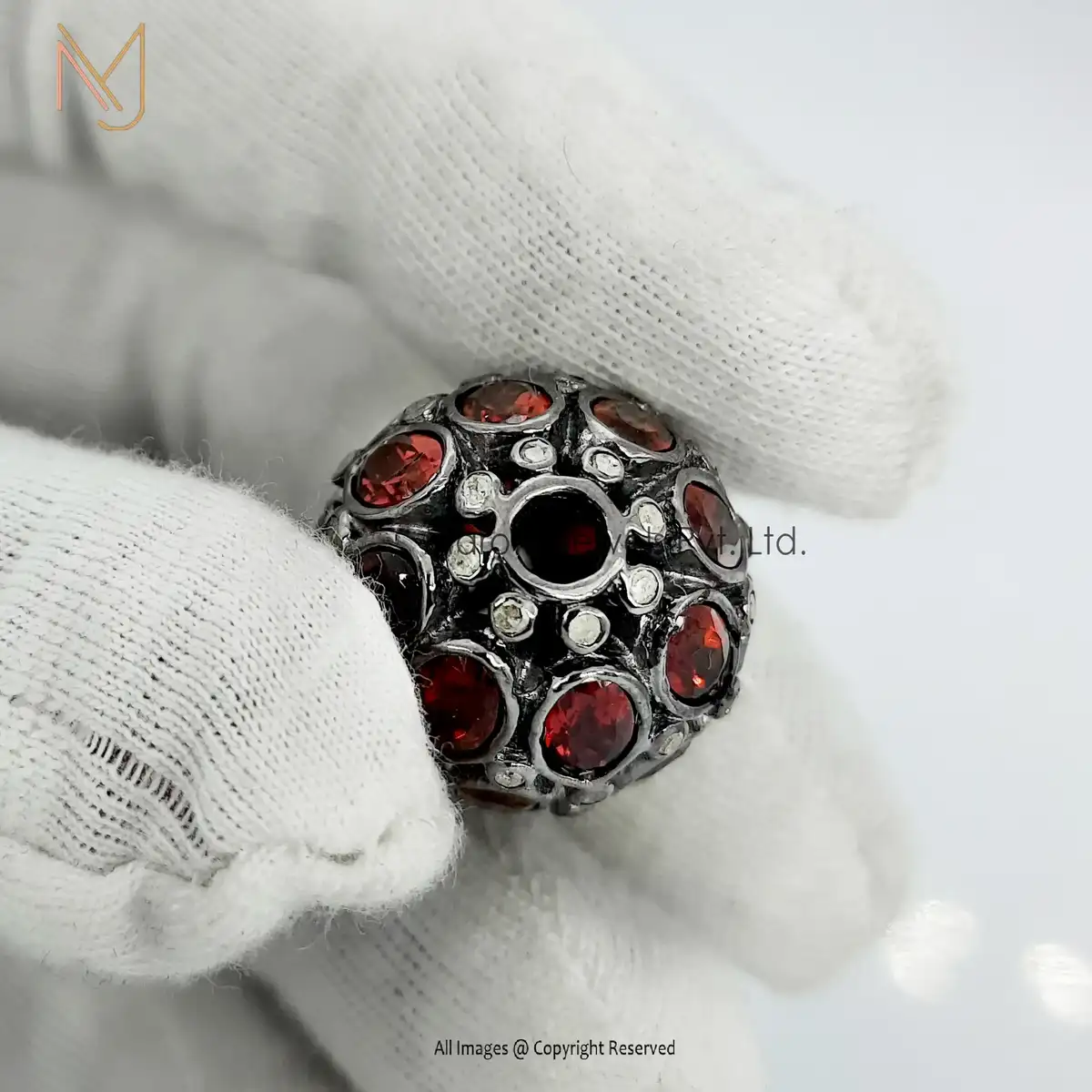 925 Silver Black Rhodium Plated Diamond And Garnet Gemstone Beads Finding Wholesale