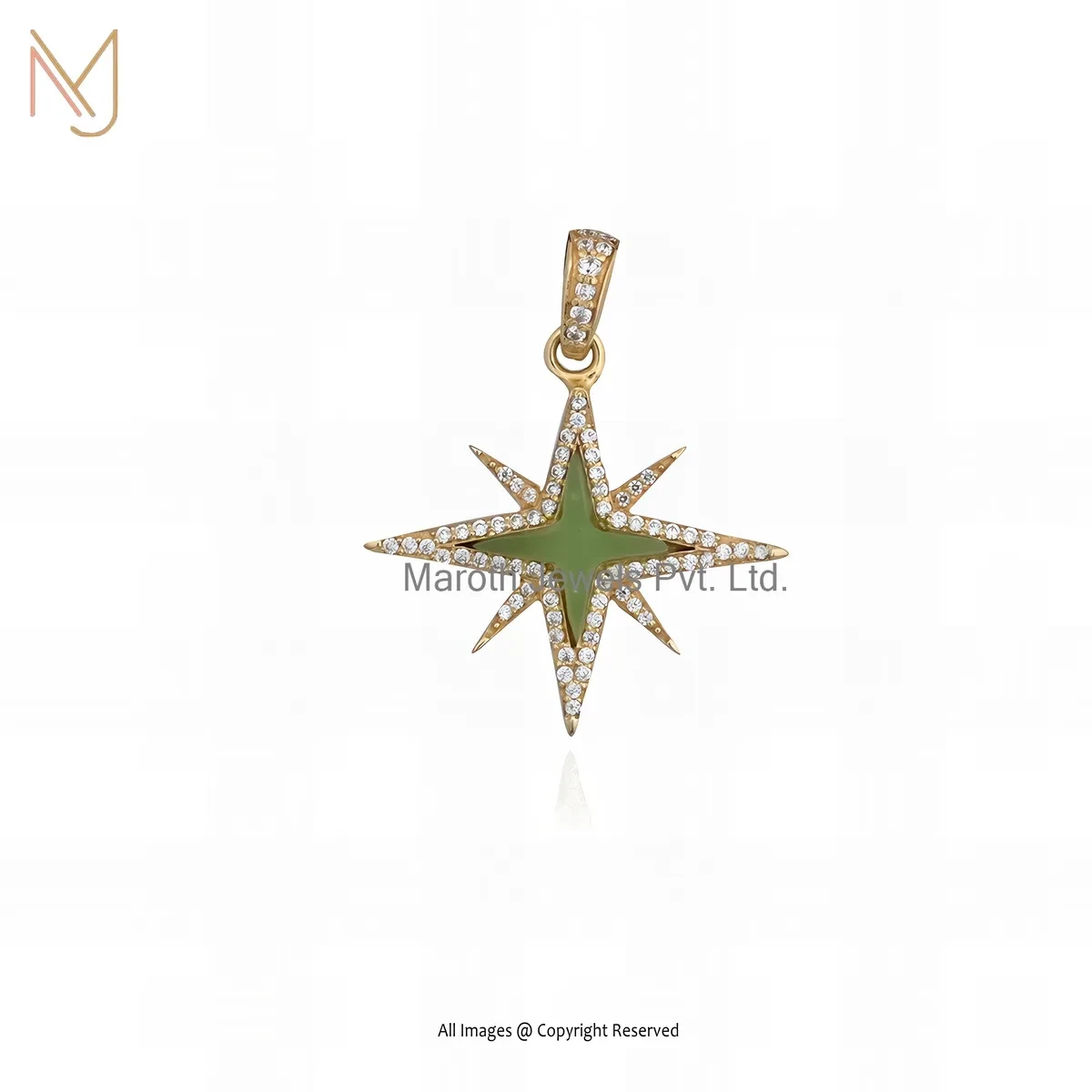 14K Yellow Gold Cubic Zircon & Green Opal Gemstone Star Pendant USA