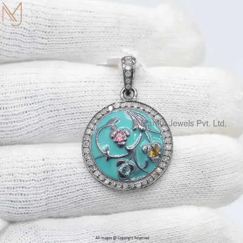 14K Yellow Gold Pave Diamond Tourmaline And Turquoise Enamel Gemstone Disc Pendant USA