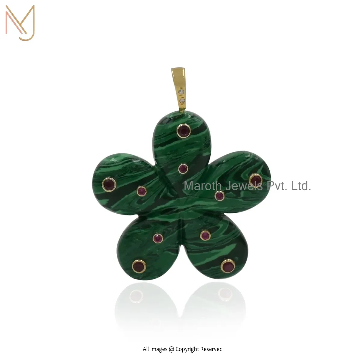 Wholesale 925 Silver Yellow Gold Plated Ruby Cubic Zircon & Malachite Flower Pendant