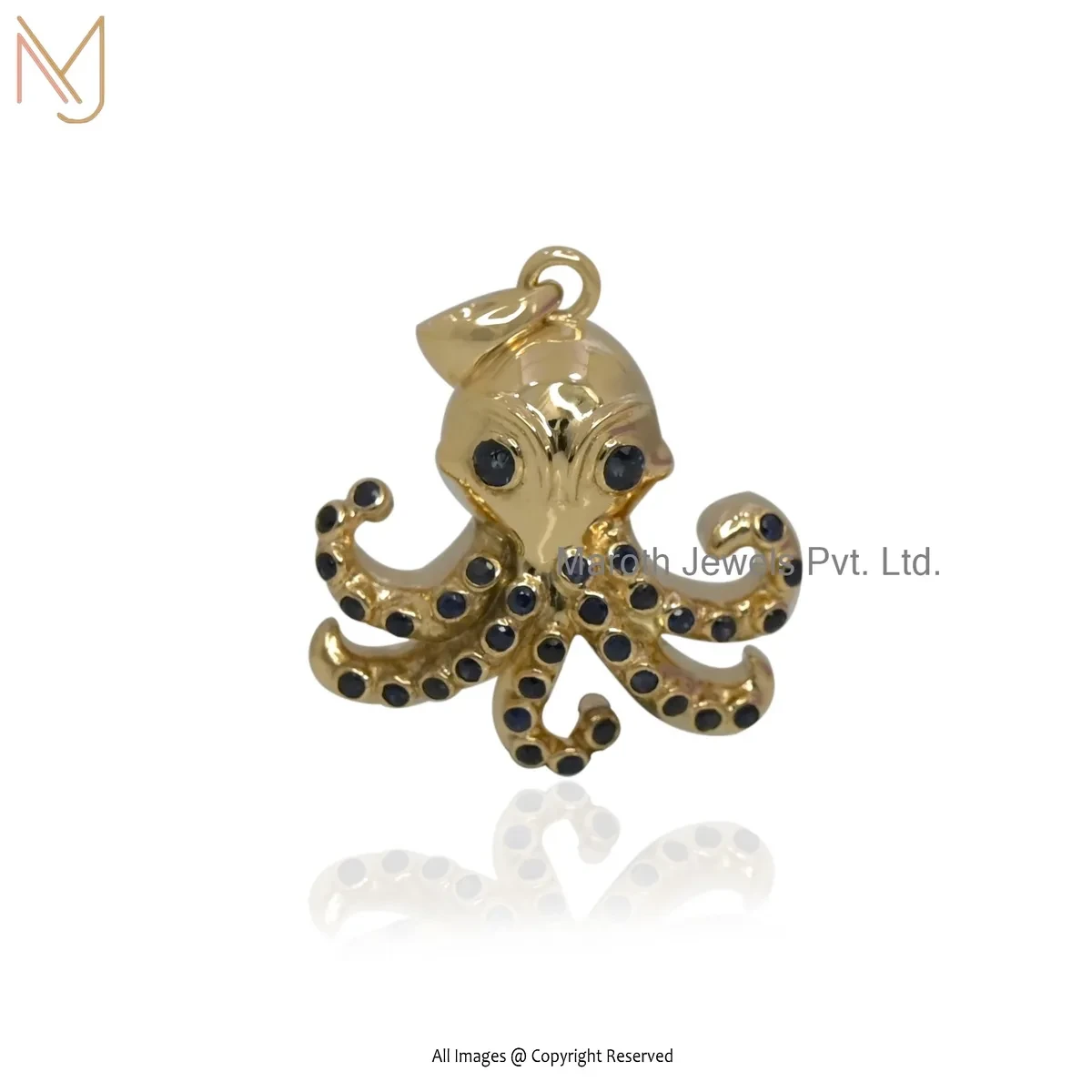 925 Silver Yellow Gold Plated Blue Sapphire Gemstone Octopus Charm Pendant Custom Jewelry