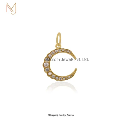 Wholesale 925 Silver Yellow Gold Blue Cubic Zircoina & Pearl Moon Charm Pendant Jewelry