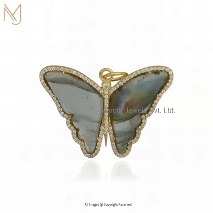 925 Silver Yellow Gold Plated Labradorite And Moissanite Gemstone Butterfly Pendant USA