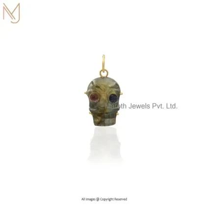 Private Lable 14K Yellow Gold Labradorite Carved Tiger Eye Skull Pendant