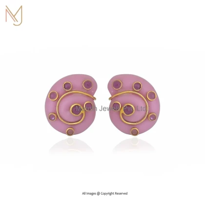 Private Lable 14K Yellow Gold Pink Opal And Amethyst Snail Stud Earring