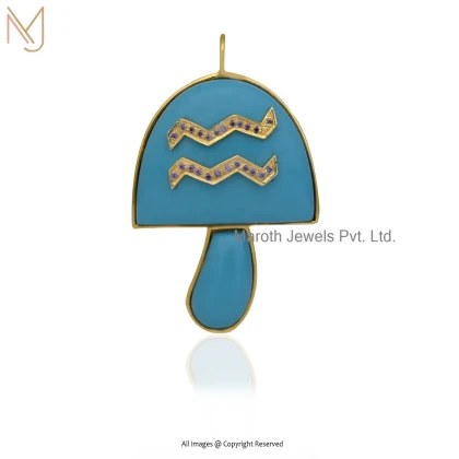14K Yellow Gold Turquoise And Amethyst Aquarius Zodiac Mushroom Pendant USA